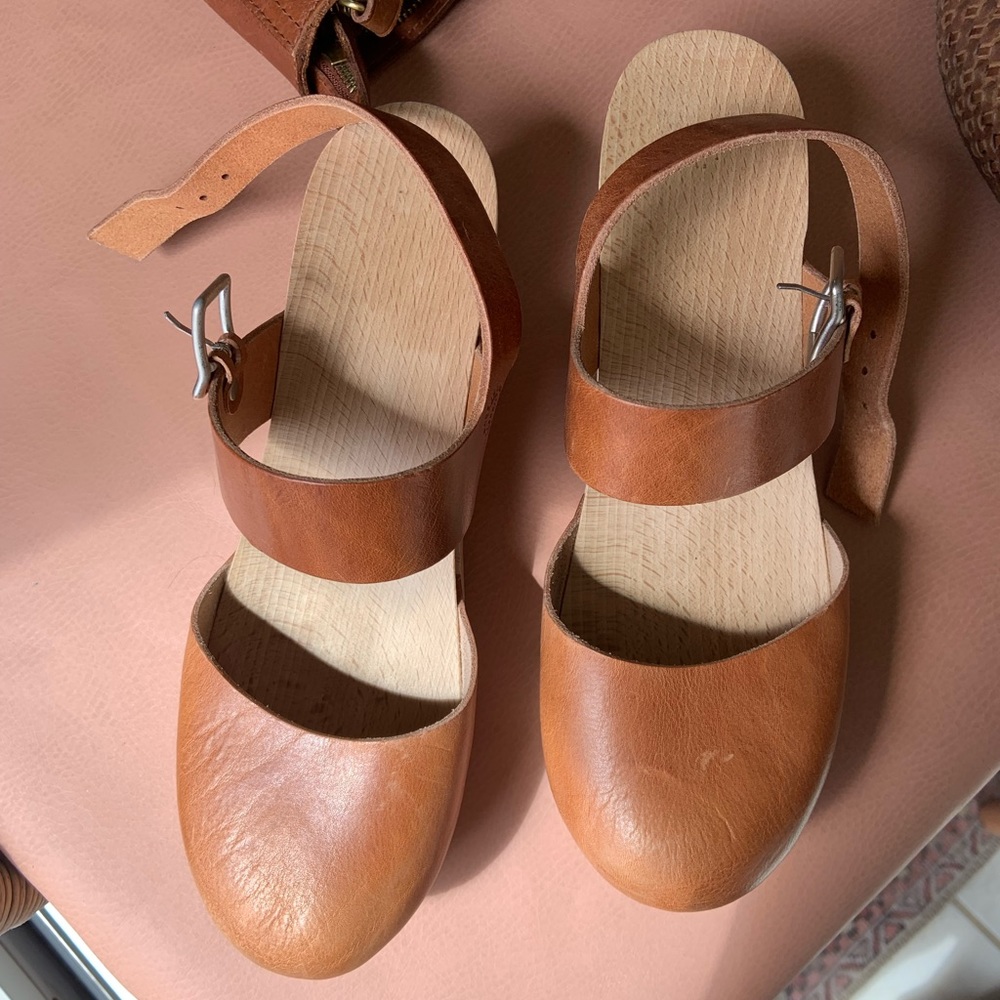 Leather Two-Strap Tan Clog Mules